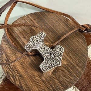 925, Norse Viking Mjölnir Hammer Pendant on Brown 22” Leather Cord